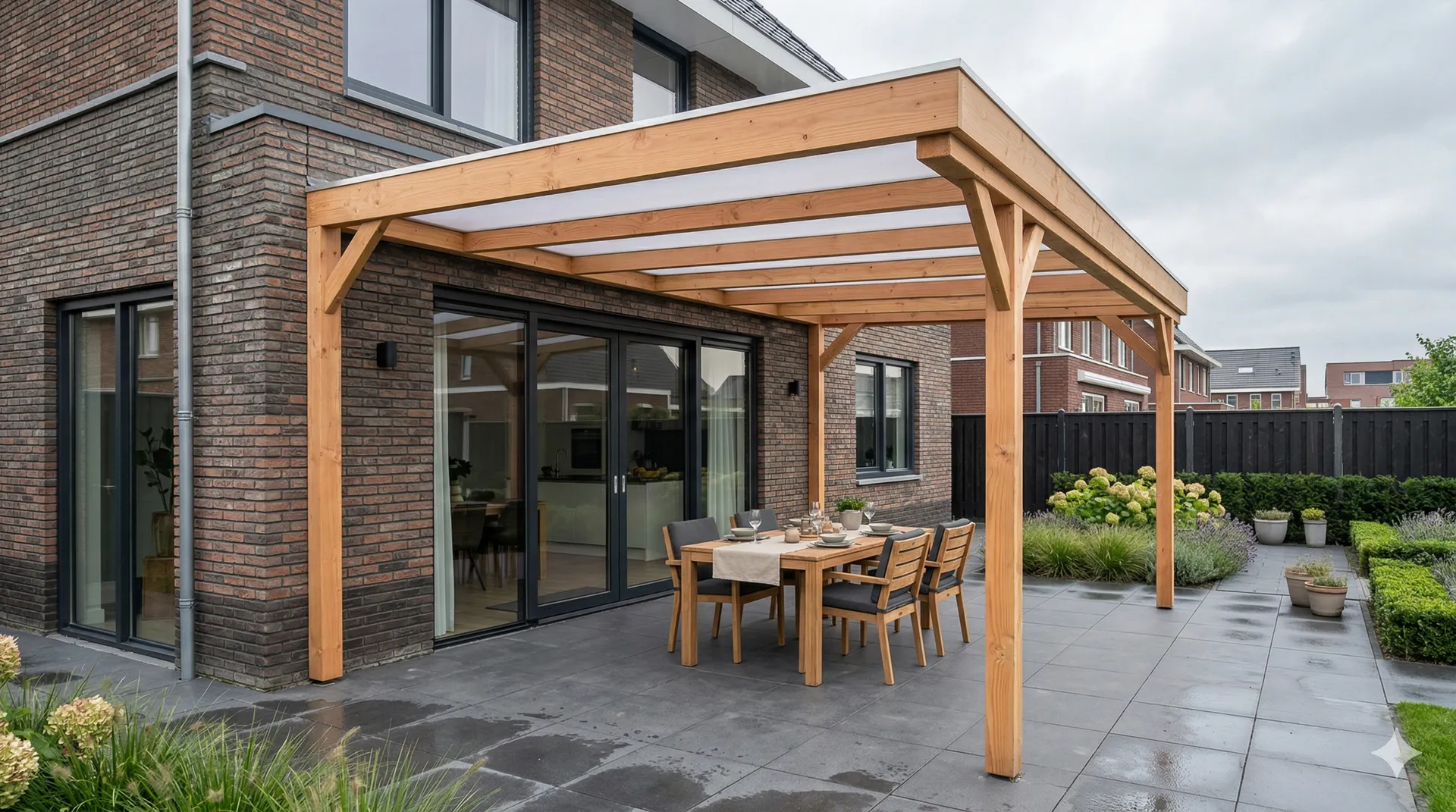 Aanbouw overkapping met plat dak in douglas